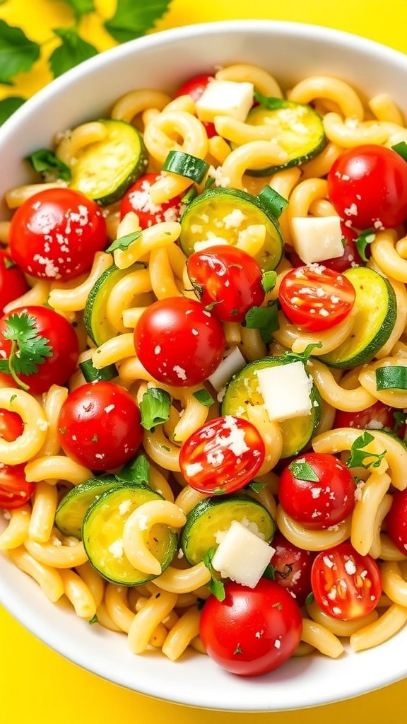 Lemon Zucchini Orzo Salad Recipe A colorful lemon zucchini orzo salad with zucchini, cherry tomatoes, and herbs in a bowl.